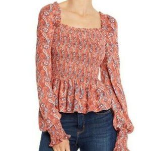 Aqua Metallic Paidley Smocked Long Sleeve Top